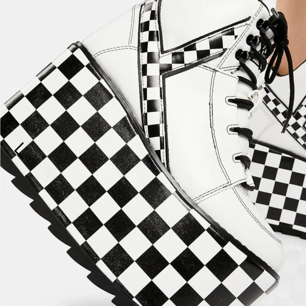 YRU Qozmo Checker Platform Sneakers in black and white vegan leather 8